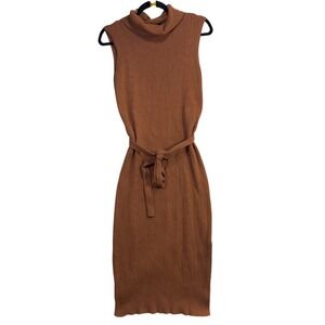 Rachel Zoe XL Sleeveless Ribbed Knit Midi Dress Brown Turtleneck Belted